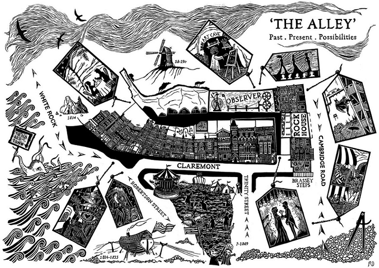 Black and white artist illustration of map