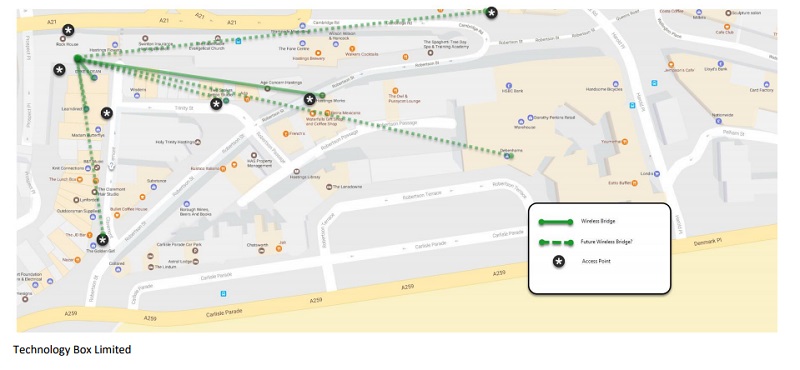 map showing streets, buildings and lines showing how network access points connect 