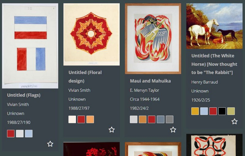 Fig 3. Colour swatches in search results. Swatches for the dominant colours appear below the artwork details and can be clicked to view all works containing the same colour.