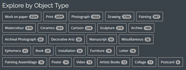 Fig 7. The object type tag cloud on the home page gives a count of how many works fall into each category