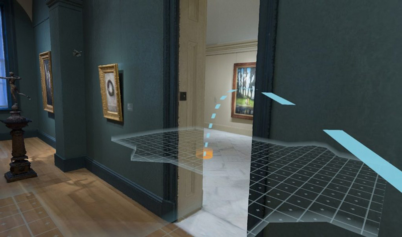 Screenshot showing navigational grid along simulation of the museum's wooden floor
