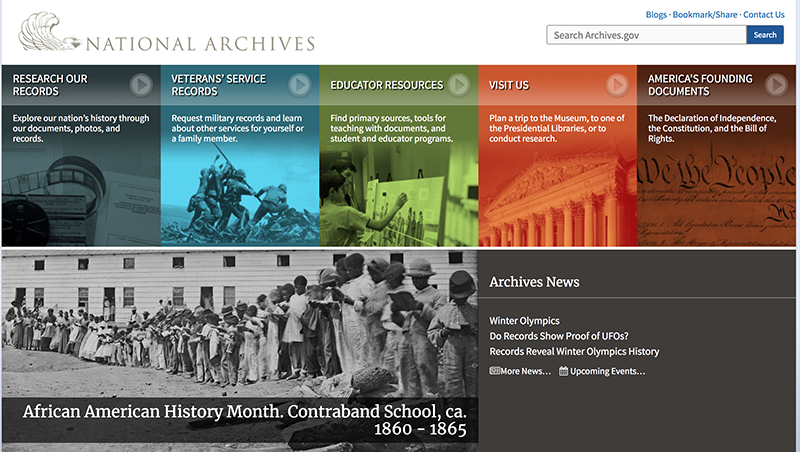 Homepage of Archives.gov