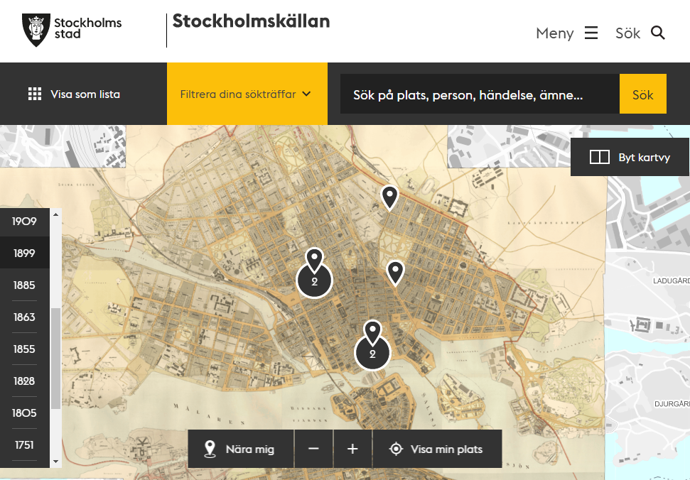 Historical map of Stockholm with symbols pointing out sights.
